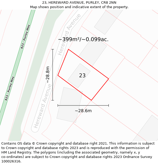 23, HEREWARD AVENUE, PURLEY, CR8 2NN: Plot and title map