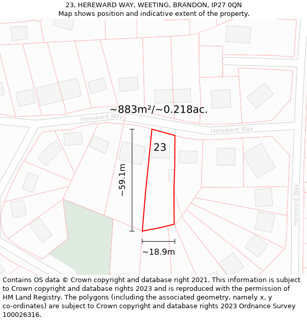 23, HEREWARD WAY, WEETING, BRANDON, IP27 0QN: Plot and title map