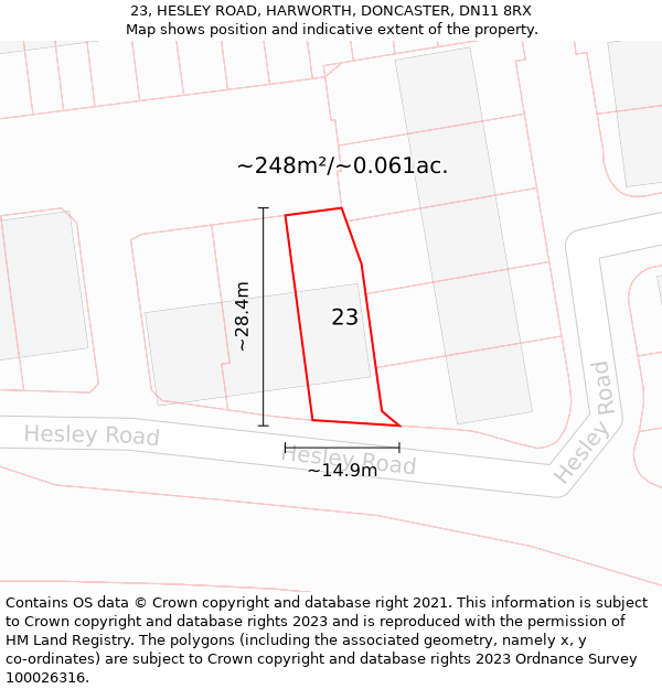 23, HESLEY ROAD, HARWORTH, DONCASTER, DN11 8RX: Plot and title map