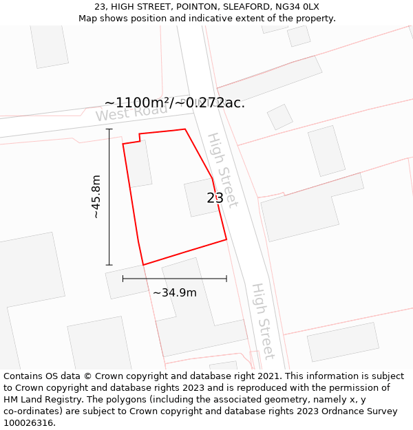 23, HIGH STREET, POINTON, SLEAFORD, NG34 0LX: Plot and title map