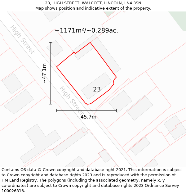 23, HIGH STREET, WALCOTT, LINCOLN, LN4 3SN: Plot and title map