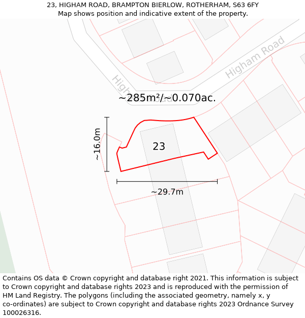 23, HIGHAM ROAD, BRAMPTON BIERLOW, ROTHERHAM, S63 6FY: Plot and title map