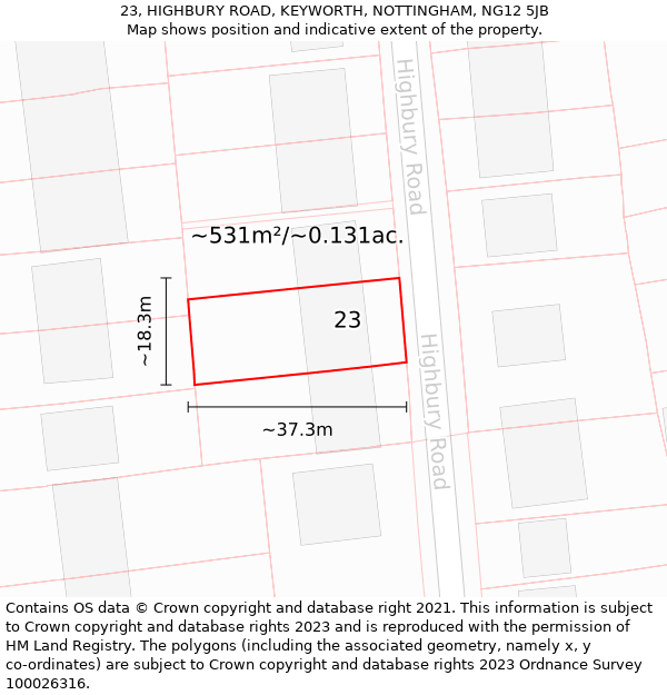 23, HIGHBURY ROAD, KEYWORTH, NOTTINGHAM, NG12 5JB: Plot and title map