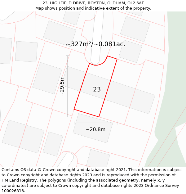 23, HIGHFIELD DRIVE, ROYTON, OLDHAM, OL2 6AF: Plot and title map