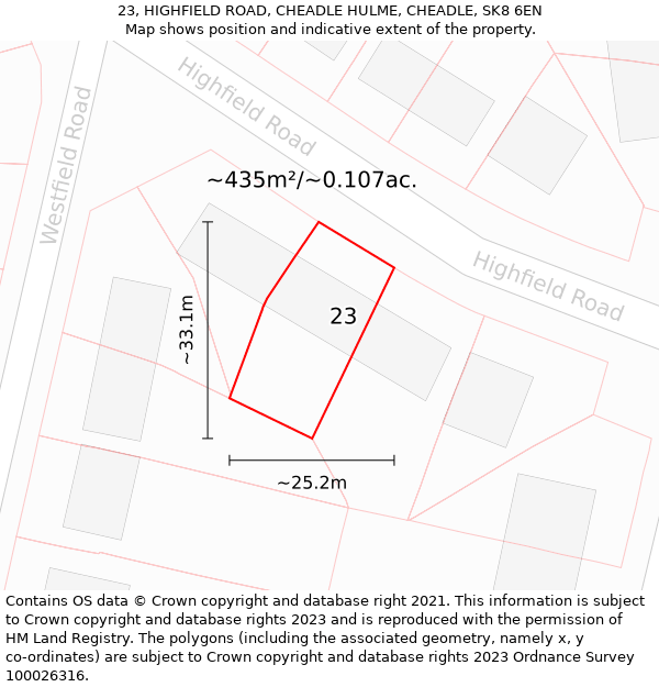 23, HIGHFIELD ROAD, CHEADLE HULME, CHEADLE, SK8 6EN: Plot and title map