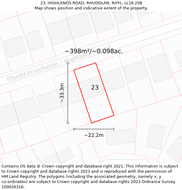 23, HIGHLANDS ROAD, RHUDDLAN, RHYL, LL18 2SB: Plot and title map