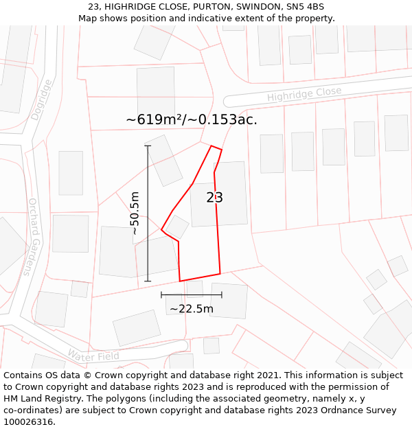 23, HIGHRIDGE CLOSE, PURTON, SWINDON, SN5 4BS: Plot and title map