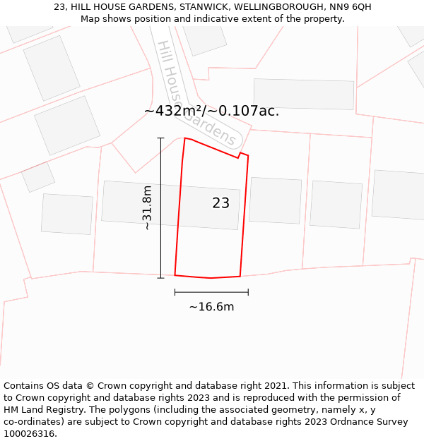 23, HILL HOUSE GARDENS, STANWICK, WELLINGBOROUGH, NN9 6QH: Plot and title map
