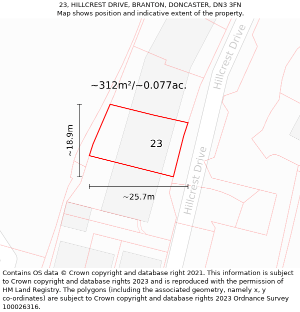 23, HILLCREST DRIVE, BRANTON, DONCASTER, DN3 3FN: Plot and title map