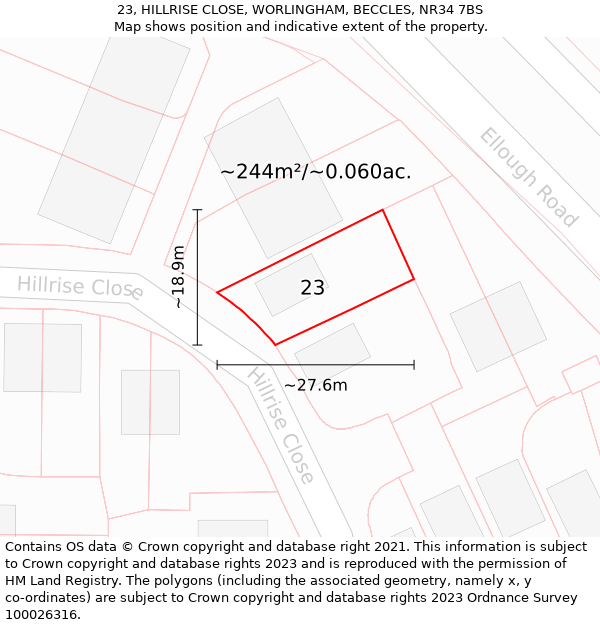 23, HILLRISE CLOSE, WORLINGHAM, BECCLES, NR34 7BS: Plot and title map