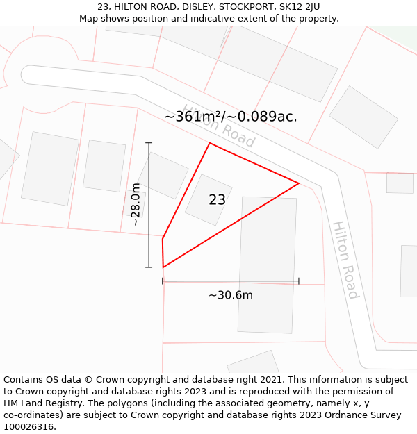 23, HILTON ROAD, DISLEY, STOCKPORT, SK12 2JU: Plot and title map