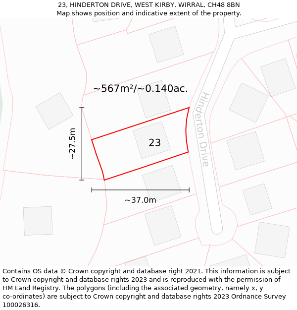 23, HINDERTON DRIVE, WEST KIRBY, WIRRAL, CH48 8BN: Plot and title map