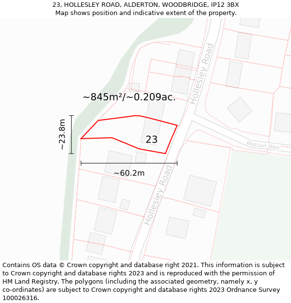 23, HOLLESLEY ROAD, ALDERTON, WOODBRIDGE, IP12 3BX: Plot and title map