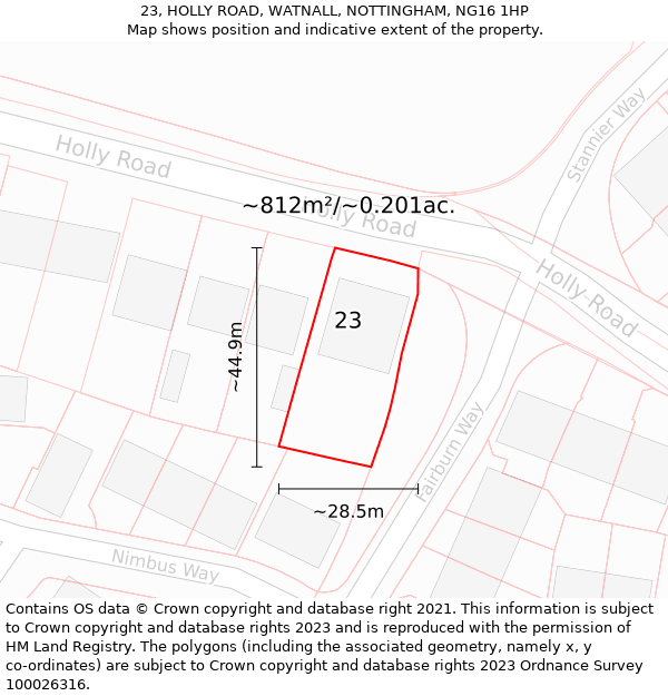 23, HOLLY ROAD, WATNALL, NOTTINGHAM, NG16 1HP: Plot and title map