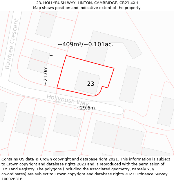 23, HOLLYBUSH WAY, LINTON, CAMBRIDGE, CB21 4XH: Plot and title map