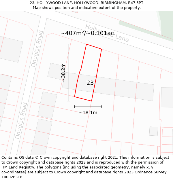 23, HOLLYWOOD LANE, HOLLYWOOD, BIRMINGHAM, B47 5PT: Plot and title map