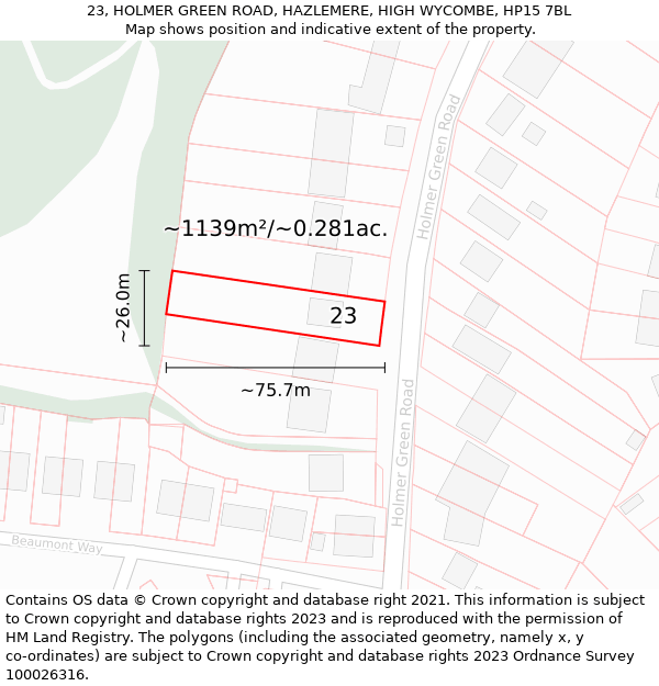 23, HOLMER GREEN ROAD, HAZLEMERE, HIGH WYCOMBE, HP15 7BL: Plot and title map