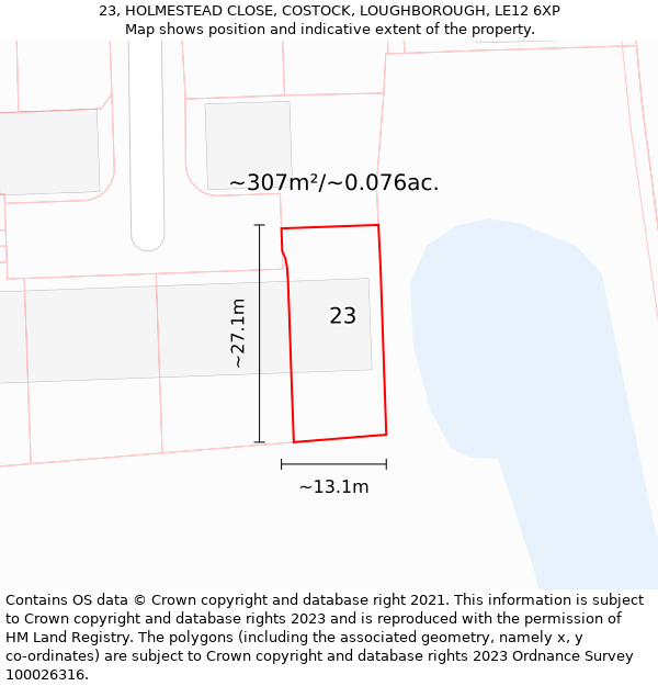 23, HOLMESTEAD CLOSE, COSTOCK, LOUGHBOROUGH, LE12 6XP: Plot and title map