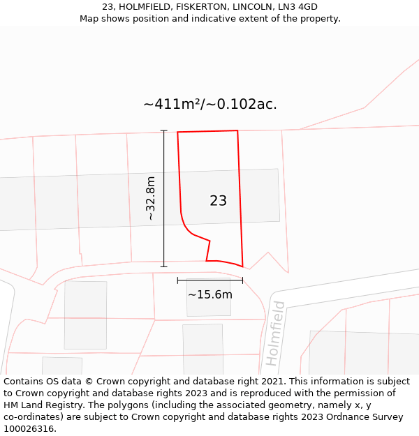 23, HOLMFIELD, FISKERTON, LINCOLN, LN3 4GD: Plot and title map