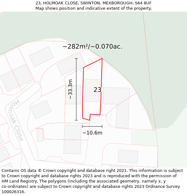 23, HOLMOAK CLOSE, SWINTON, MEXBOROUGH, S64 8UF: Plot and title map
