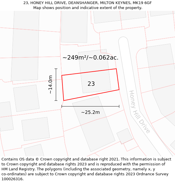 23, HONEY HILL DRIVE, DEANSHANGER, MILTON KEYNES, MK19 6GF: Plot and title map