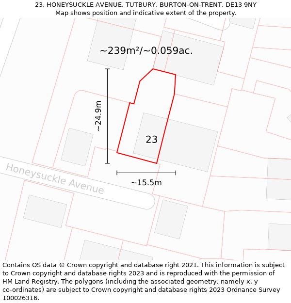 23, HONEYSUCKLE AVENUE, TUTBURY, BURTON-ON-TRENT, DE13 9NY: Plot and title map