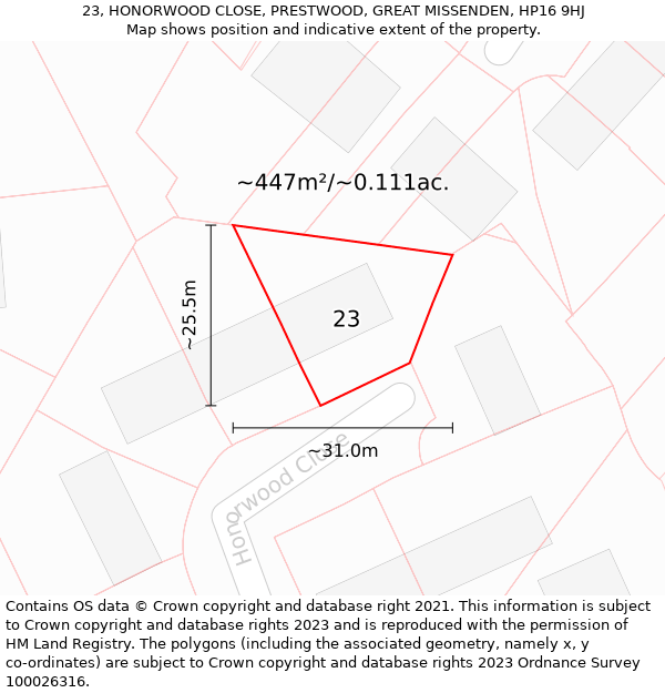 23, HONORWOOD CLOSE, PRESTWOOD, GREAT MISSENDEN, HP16 9HJ: Plot and title map