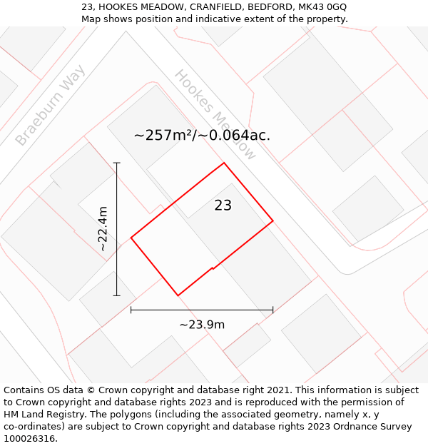 23, HOOKES MEADOW, CRANFIELD, BEDFORD, MK43 0GQ: Plot and title map