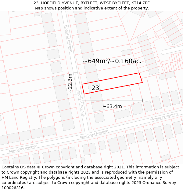 23, HOPFIELD AVENUE, BYFLEET, WEST BYFLEET, KT14 7PE: Plot and title map