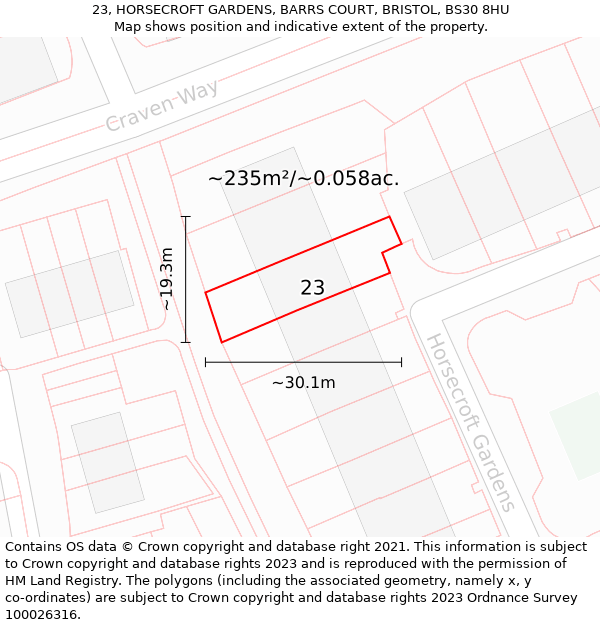 23, HORSECROFT GARDENS, BARRS COURT, BRISTOL, BS30 8HU: Plot and title map