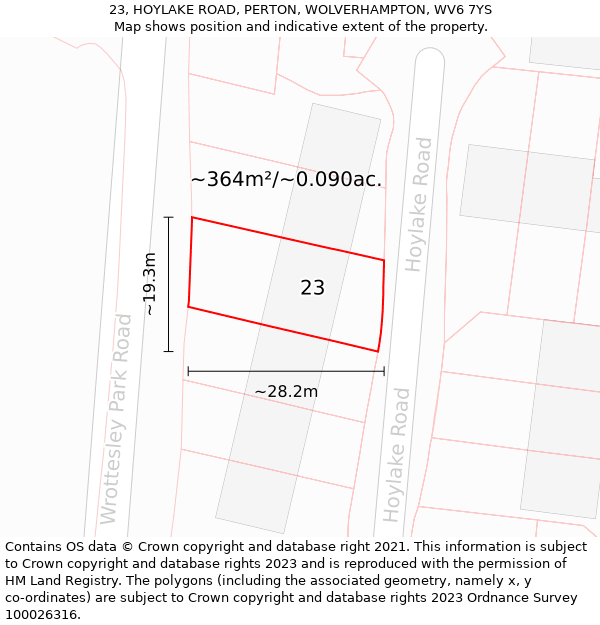 23, HOYLAKE ROAD, PERTON, WOLVERHAMPTON, WV6 7YS: Plot and title map