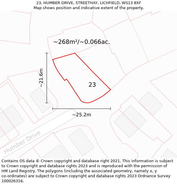 23, HUMBER DRIVE, STREETHAY, LICHFIELD, WS13 8XF: Plot and title map