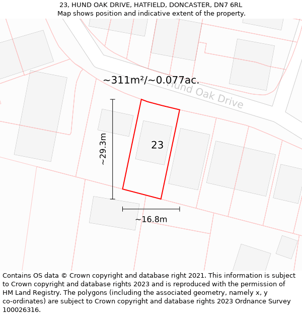 23, HUND OAK DRIVE, HATFIELD, DONCASTER, DN7 6RL: Plot and title map