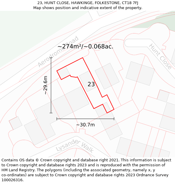 23, HUNT CLOSE, HAWKINGE, FOLKESTONE, CT18 7FJ: Plot and title map