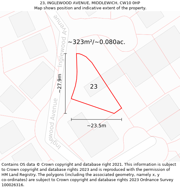 23, INGLEWOOD AVENUE, MIDDLEWICH, CW10 0HP: Plot and title map