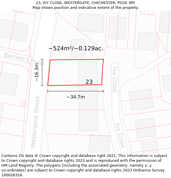 23, IVY CLOSE, WESTERGATE, CHICHESTER, PO20 3RF: Plot and title map