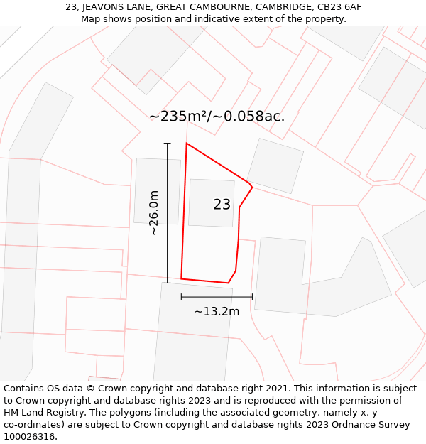 23, JEAVONS LANE, GREAT CAMBOURNE, CAMBRIDGE, CB23 6AF: Plot and title map