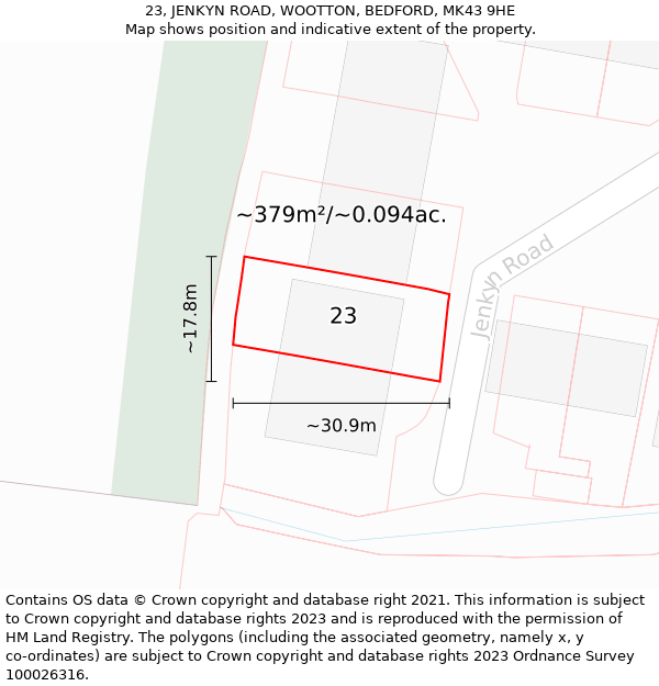 23, JENKYN ROAD, WOOTTON, BEDFORD, MK43 9HE: Plot and title map