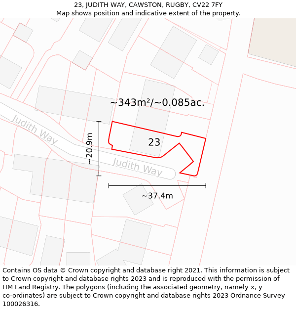 23, JUDITH WAY, CAWSTON, RUGBY, CV22 7FY: Plot and title map