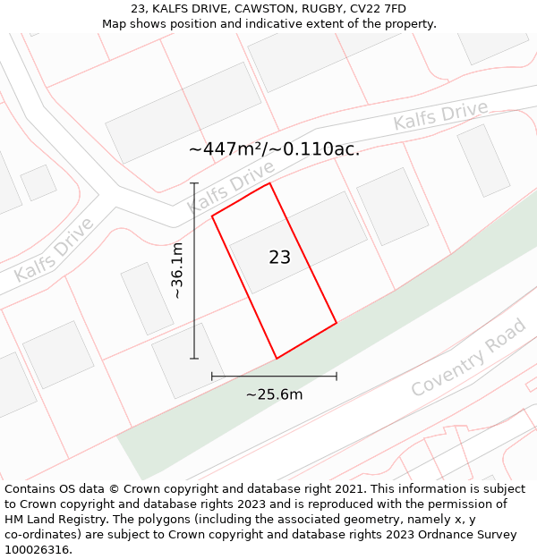 23, KALFS DRIVE, CAWSTON, RUGBY, CV22 7FD: Plot and title map