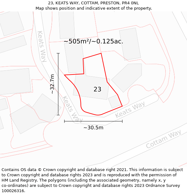 23, KEATS WAY, COTTAM, PRESTON, PR4 0NL: Plot and title map