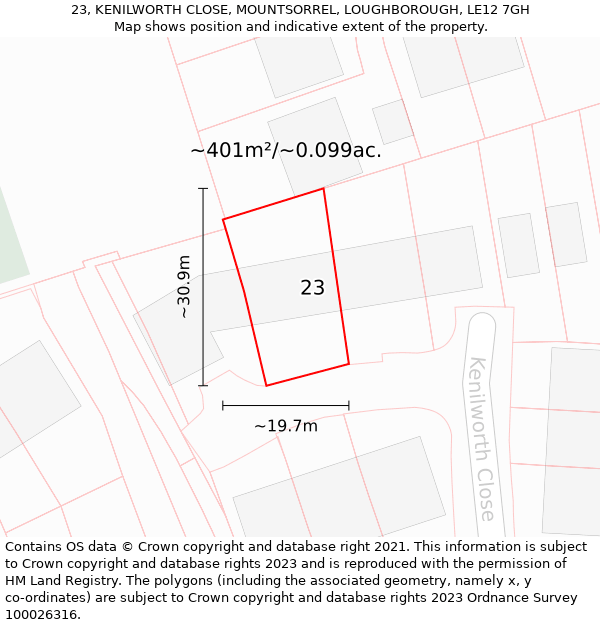 23, KENILWORTH CLOSE, MOUNTSORREL, LOUGHBOROUGH, LE12 7GH: Plot and title map