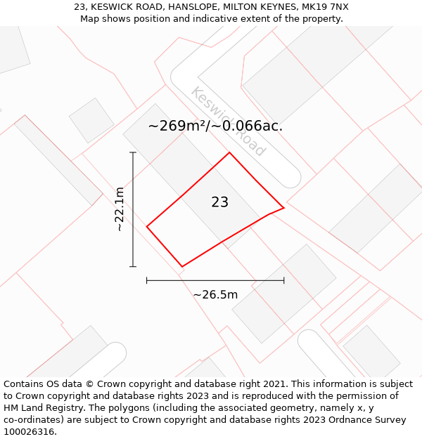 23, KESWICK ROAD, HANSLOPE, MILTON KEYNES, MK19 7NX: Plot and title map