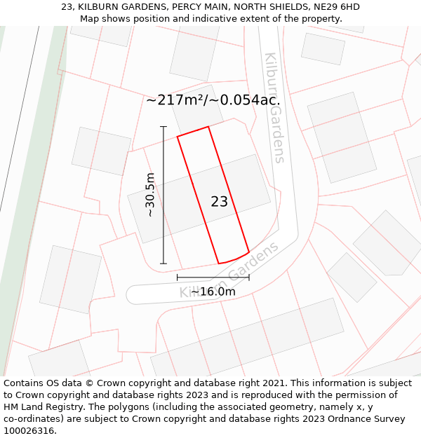 23, KILBURN GARDENS, PERCY MAIN, NORTH SHIELDS, NE29 6HD: Plot and title map