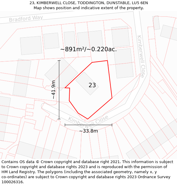 23, KIMBERWELL CLOSE, TODDINGTON, DUNSTABLE, LU5 6EN: Plot and title map