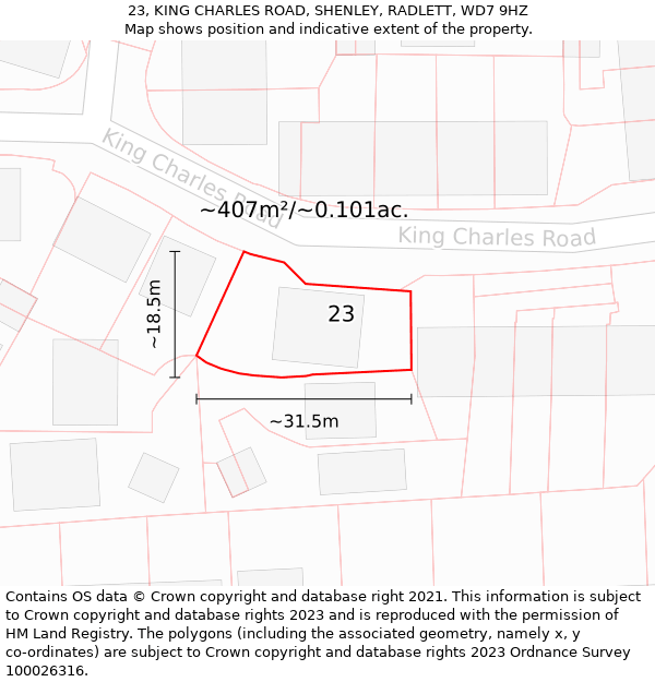 23, KING CHARLES ROAD, SHENLEY, RADLETT, WD7 9HZ: Plot and title map