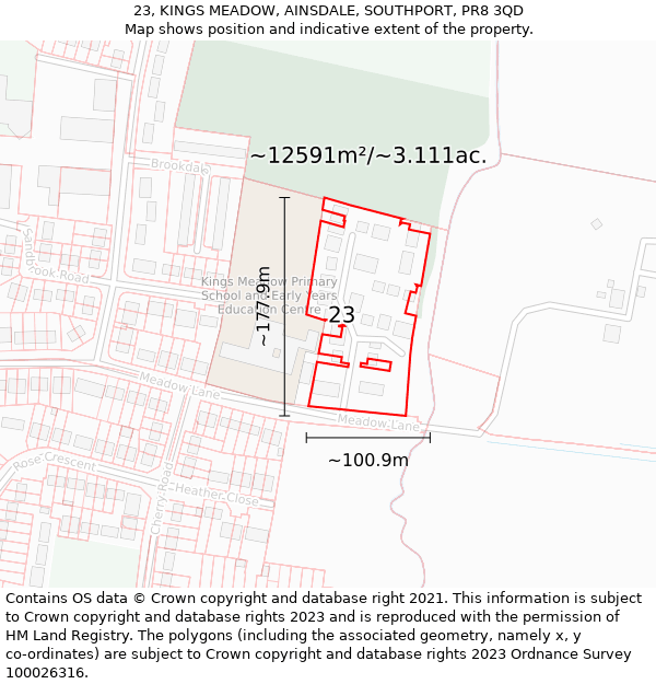 23, KINGS MEADOW, AINSDALE, SOUTHPORT, PR8 3QD: Plot and title map