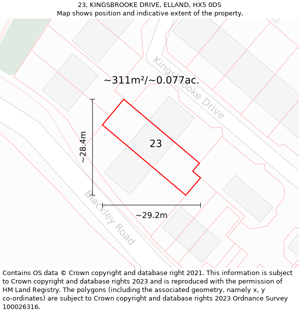 23, KINGSBROOKE DRIVE, ELLAND, HX5 0DS: Plot and title map