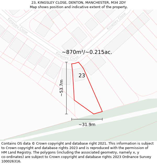 23, KINGSLEY CLOSE, DENTON, MANCHESTER, M34 2DY: Plot and title map