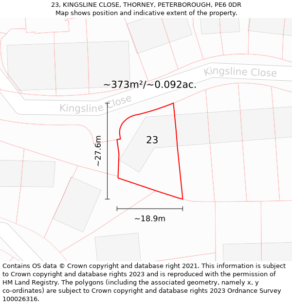 23, KINGSLINE CLOSE, THORNEY, PETERBOROUGH, PE6 0DR: Plot and title map